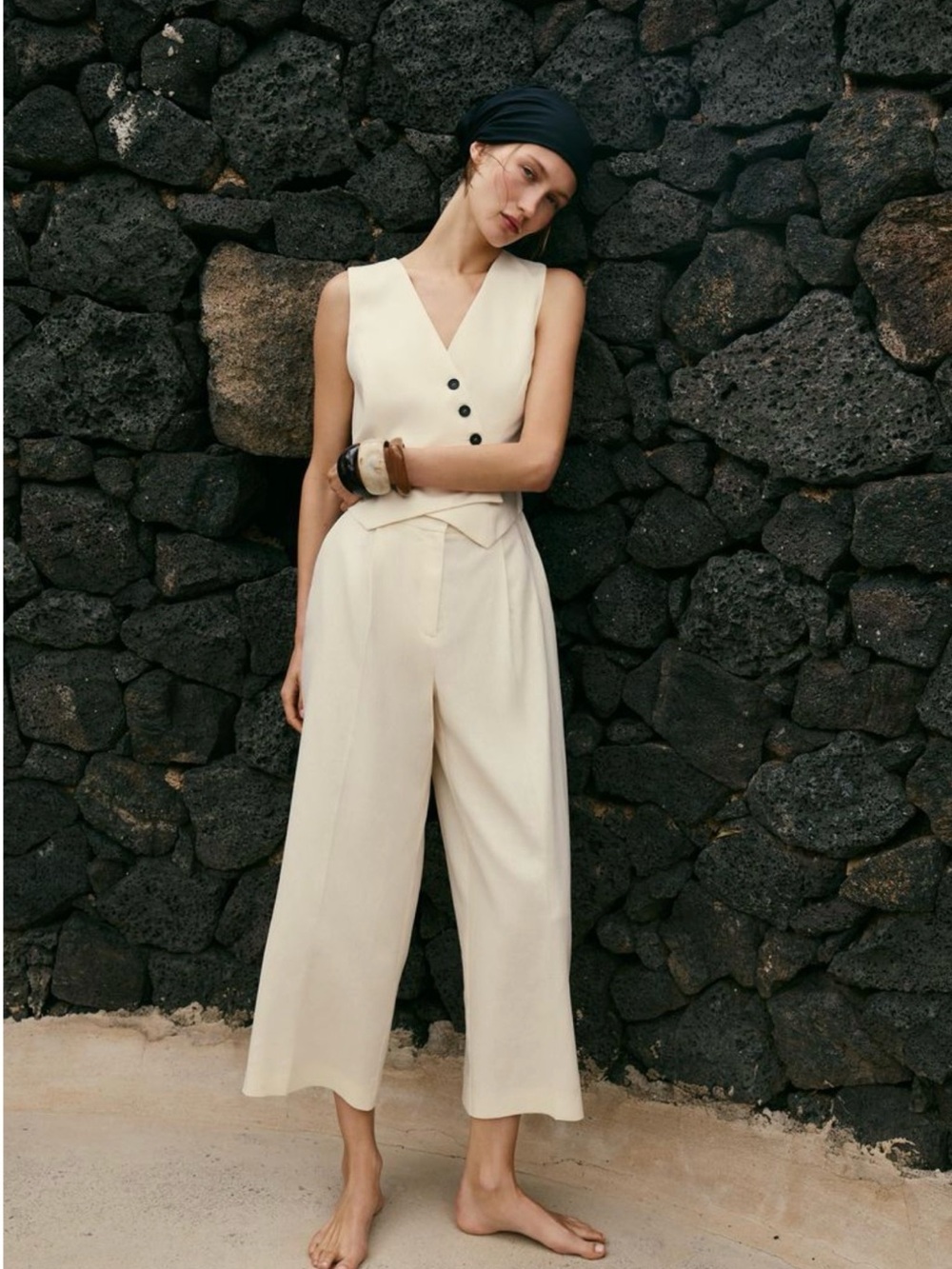 Zara Cream Sleeveless V-Neck Wide-Leg Jumpsuit